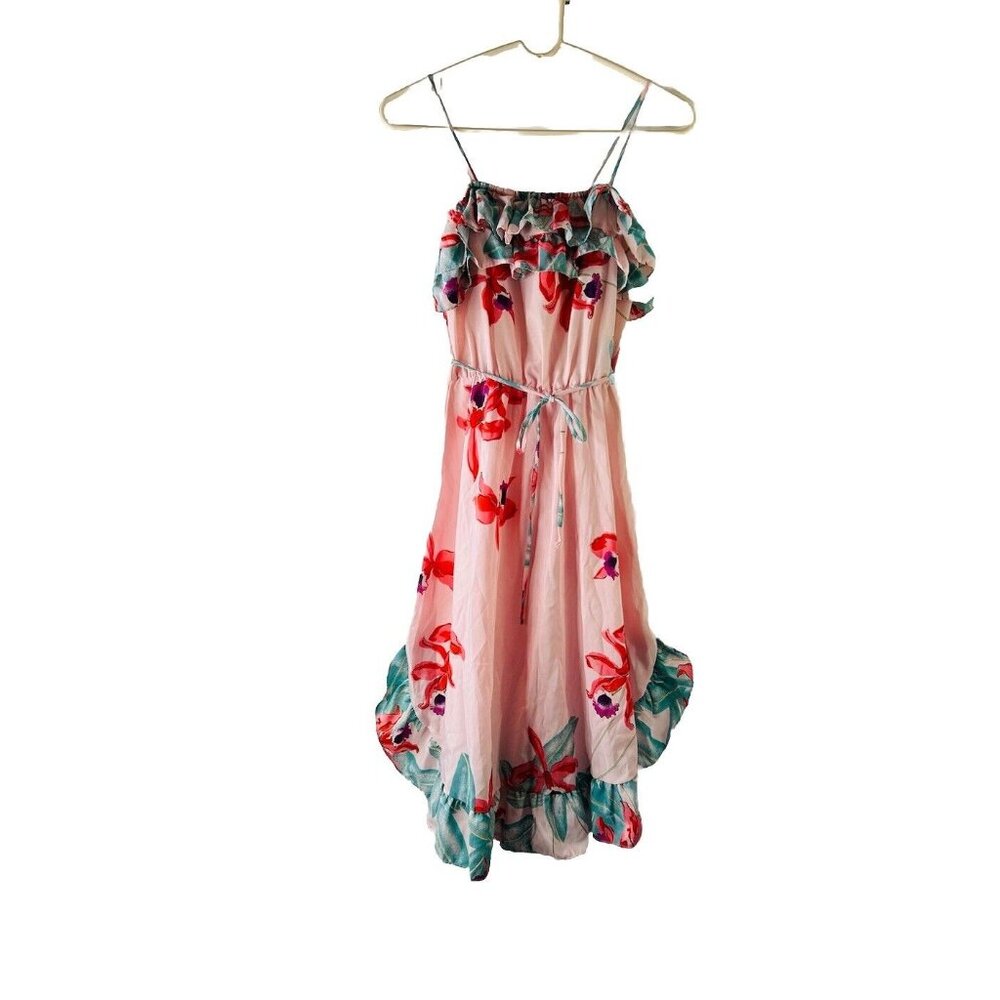 VTG 70s Hawaiian Floral Frilly Ruffled Sun Dress Rockabilly Preppy - Picture 1 of 8